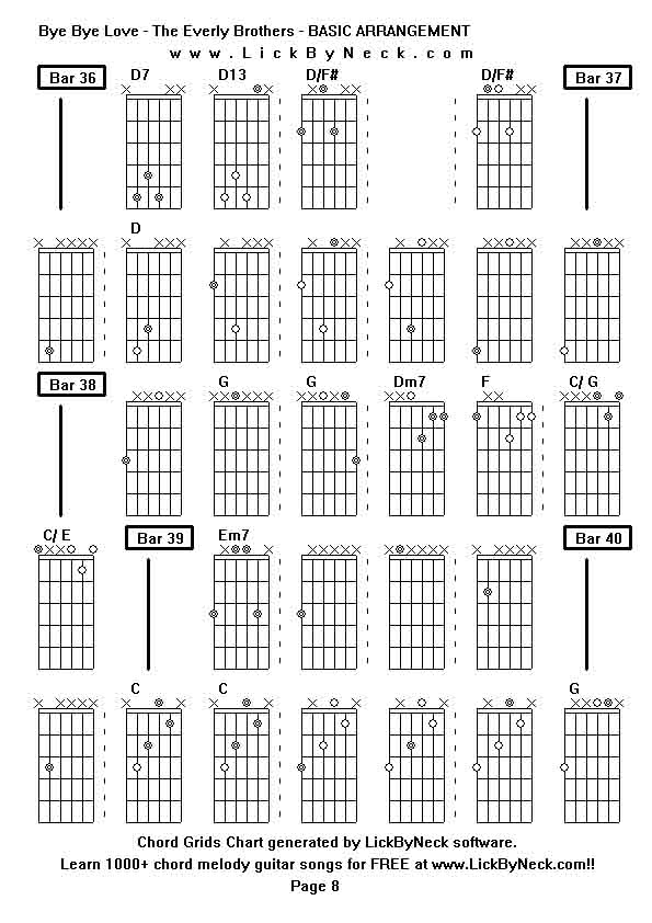 Chord Grids Chart of chord melody fingerstyle guitar song-Bye Bye Love - The Everly Brothers - BASIC ARRANGEMENT,generated by LickByNeck software.